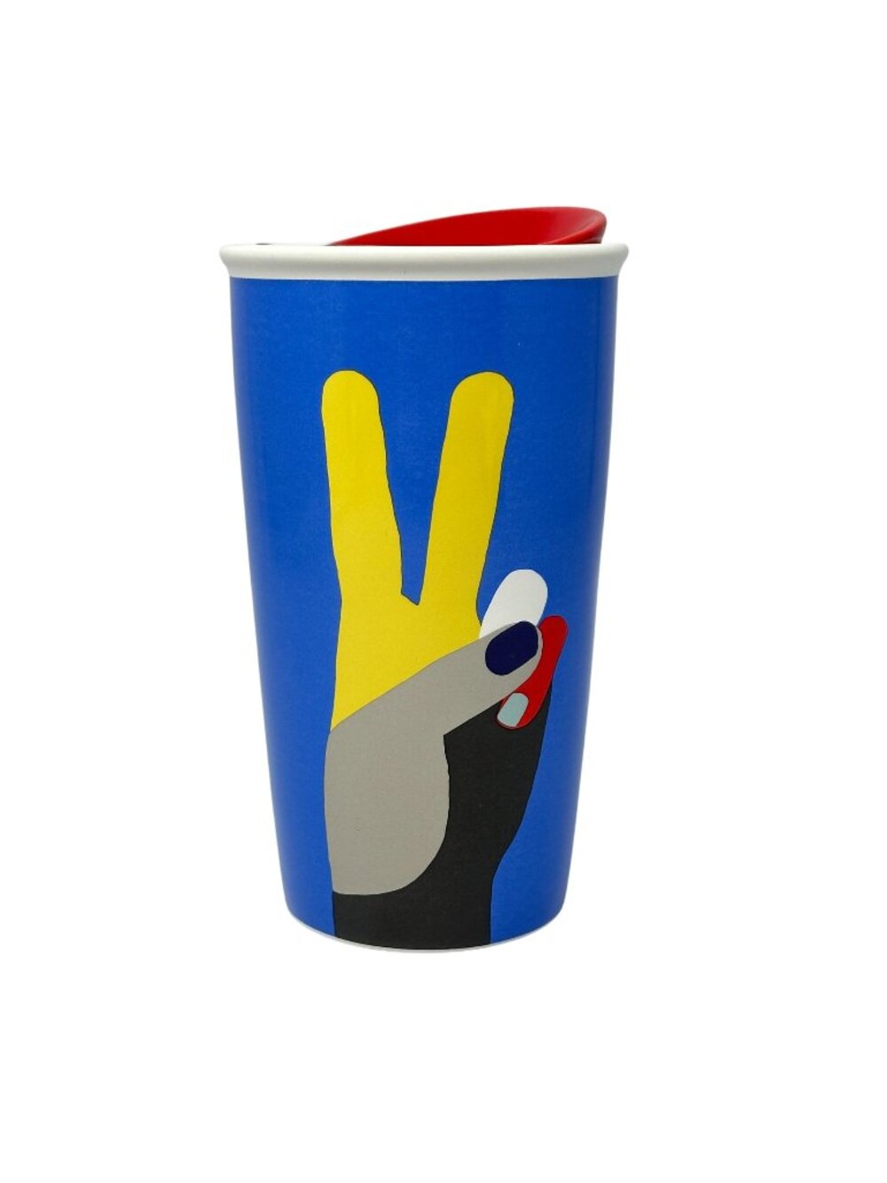Starbucks Peace Hand Ceramic Travel Mug Blue Red Lid 12 oz Reusable Drinkware